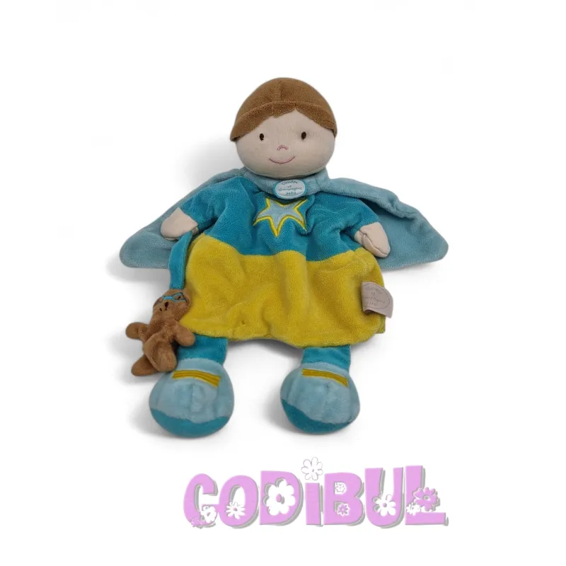 DOUDOU ET COMPAGNIE marionnette super héros garçon bleu vert cape