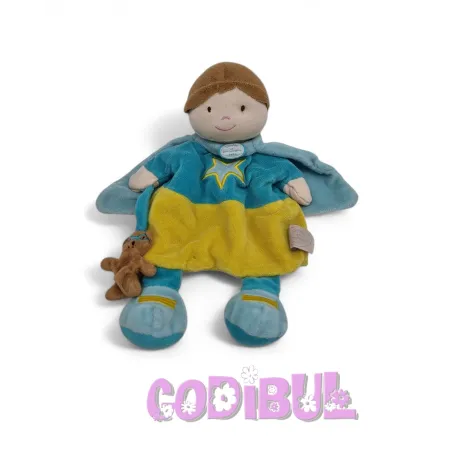 DOUDOU ET COMPAGNIE marionnette super héros garçon bleu vert cape