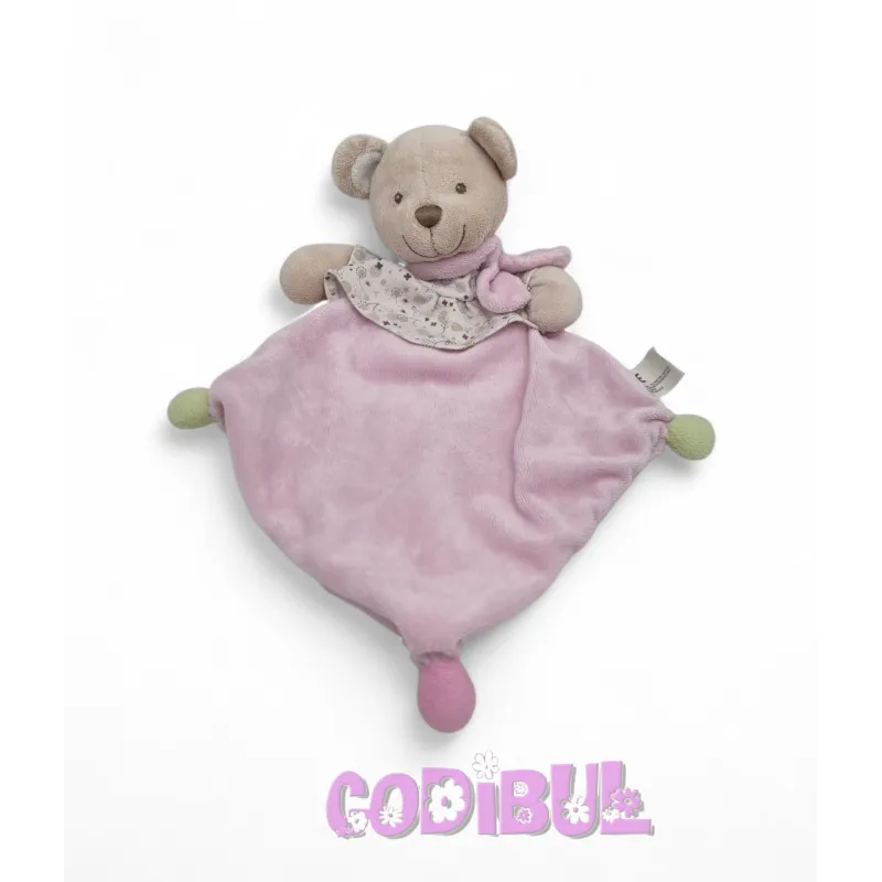NICOTOY Doudou plat ours rose et vert