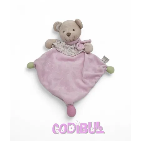 NICOTOY Doudou plat ours rose et vert