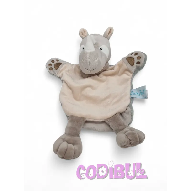BABY NAT' doudou marionnette rhinocéros gris beige Savane