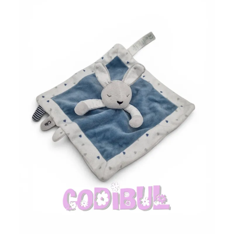 OBAIBI Doudou plat lapin bleu blanc gris coeurs