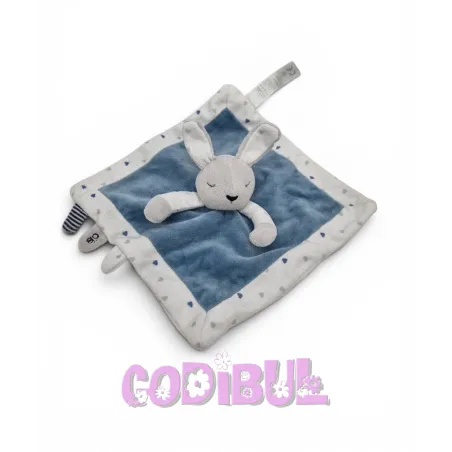 OBAIBI Doudou plat lapin bleu blanc gris coeurs