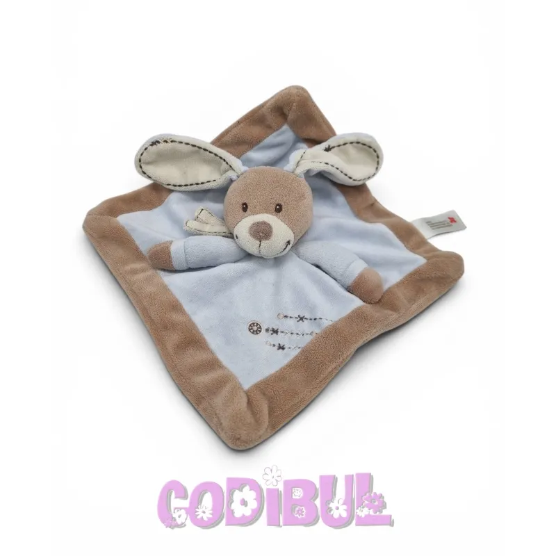 NICOTOY Doudou plat carré lapin beige bleu croix