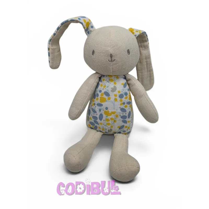 Klorane doudou plat lapin beige tissu fleurs jaune bleu
