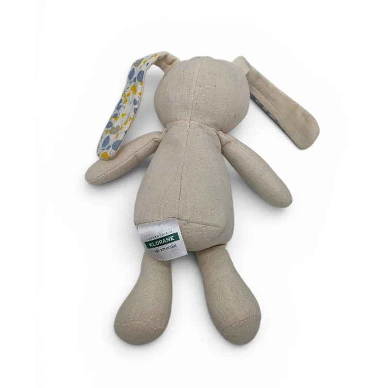 Klorane doudou plat lapin beige tissu fleurs jaune bleu