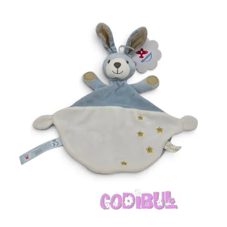 NICOTOY Doudou plat lapin bleu blanc étoiles Sparkle