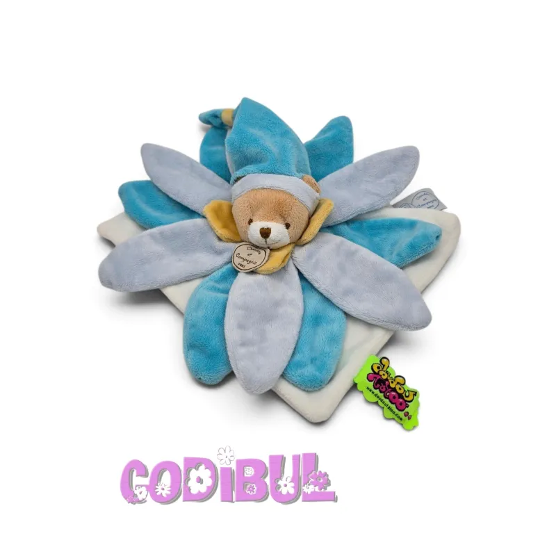 DOUDOU ET COMPAGNIE ours collector bleu blanc pétales