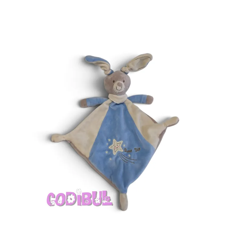 NICOTOY Doudou plat lapin bleu beige étoile sweet star