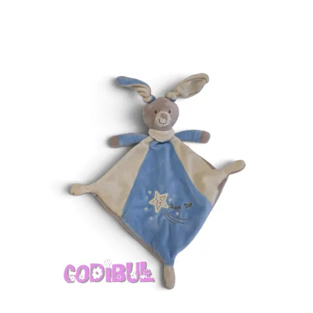 NICOTOY Doudou plat lapin bleu beige étoile sweet star